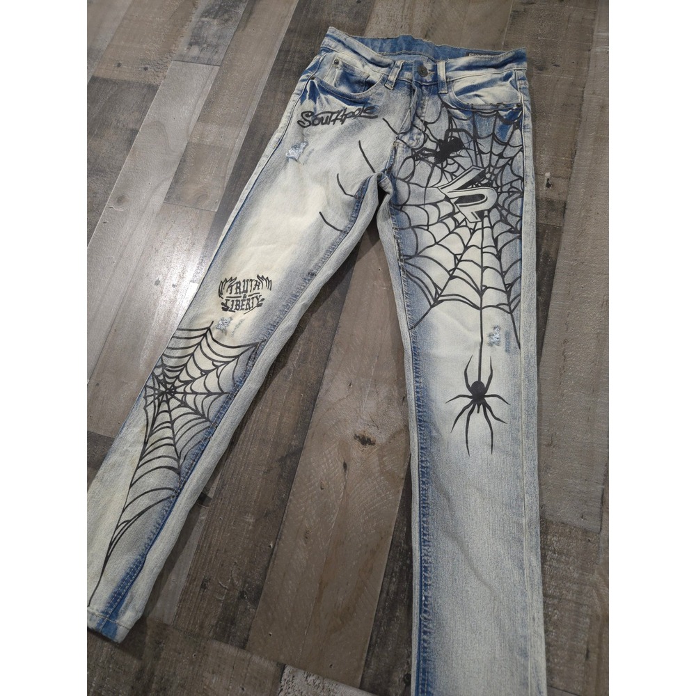 Y2K Southpole Skinny Jeans Mens 29x30 Light Wash Spider Web Graphic Streetwear